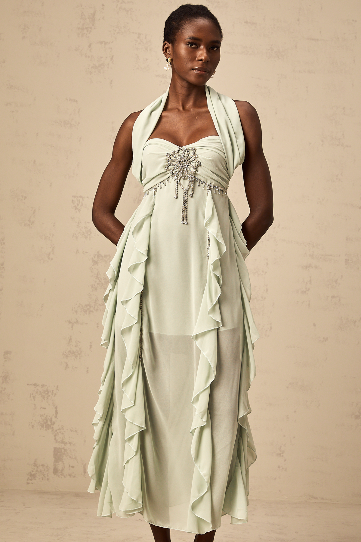 Salilah embellished ruffled midi dress