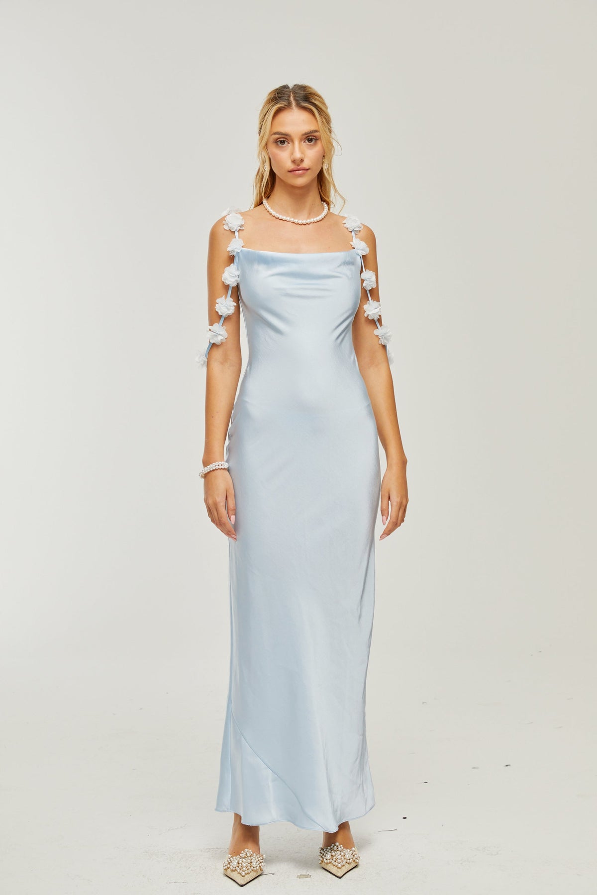 Capri floral-straps satin maxi dress