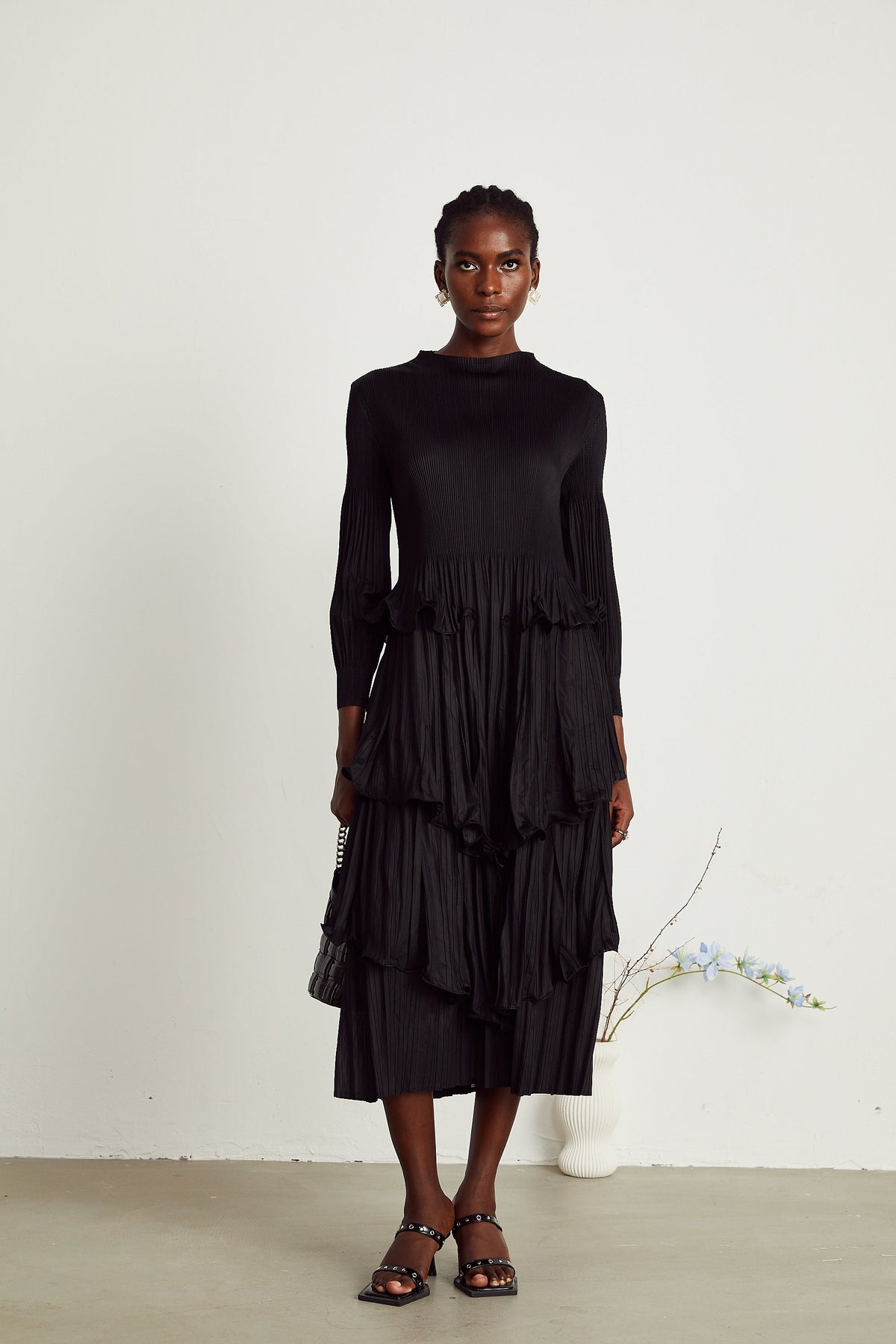 Brianna black tiered pleated midi dress (Final Sale-US Only)