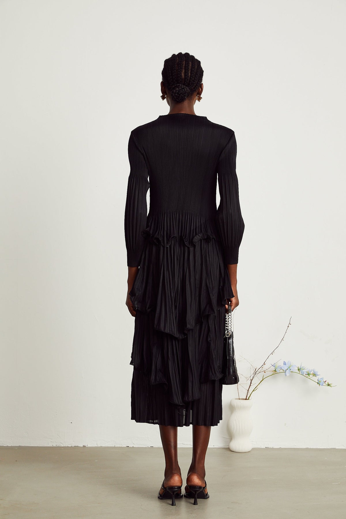 Brianna black tiered pleated midi dress (Final Sale-US Only)