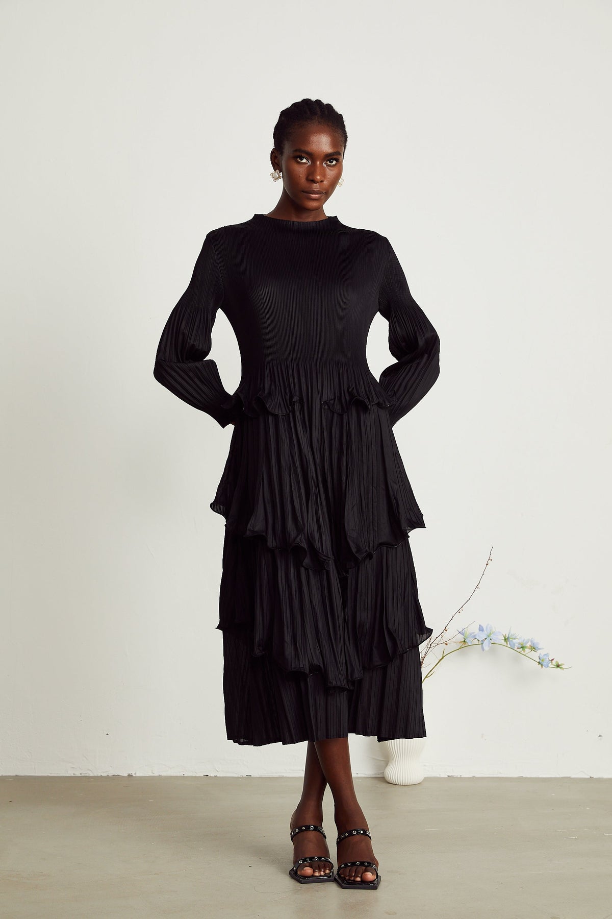 Brianna black tiered pleated midi dress (Final Sale-US Only)