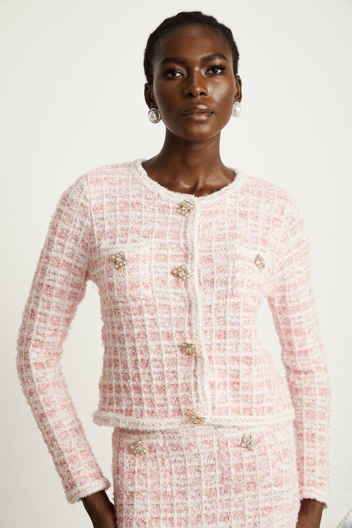 Capucine pink check-pattern cardigan & skirt matching set (Final Sale-US Only)