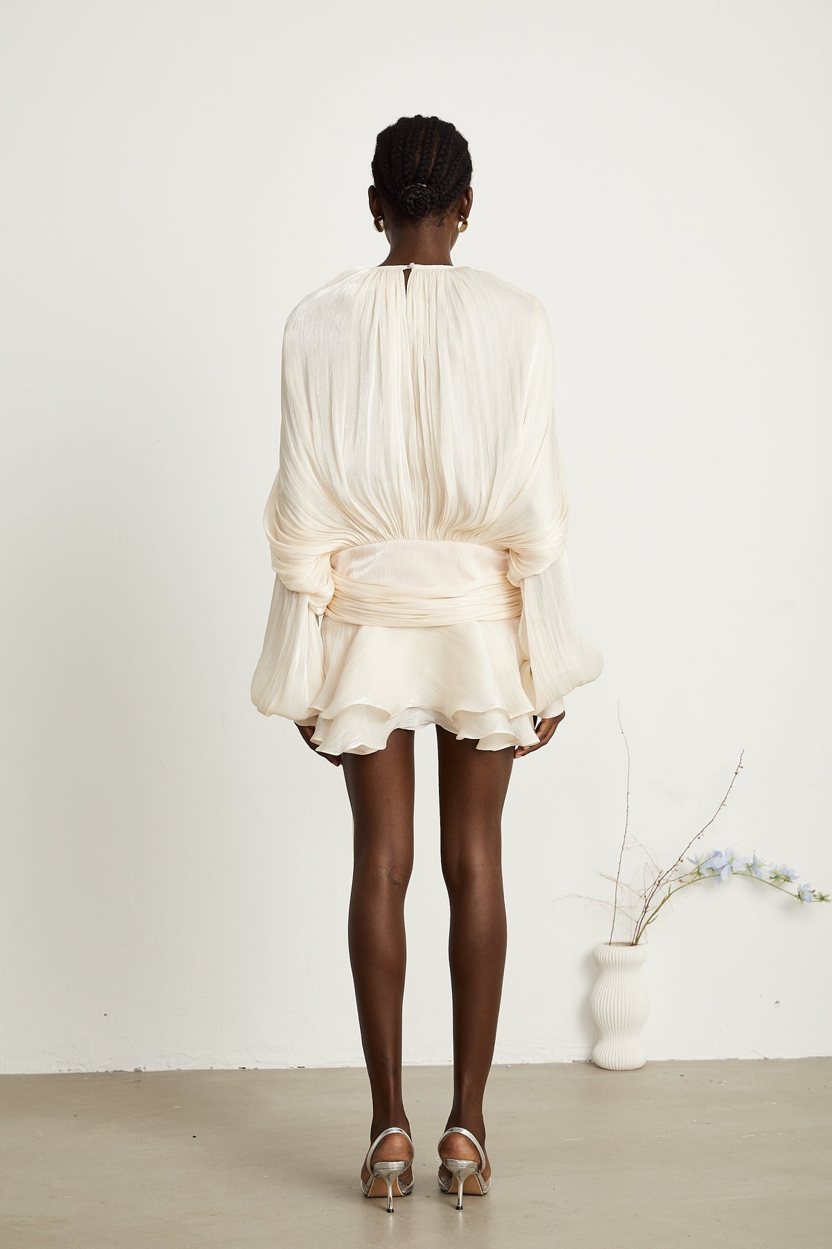 Eugénie fully-pleated ruffled mini dress in Neutrals