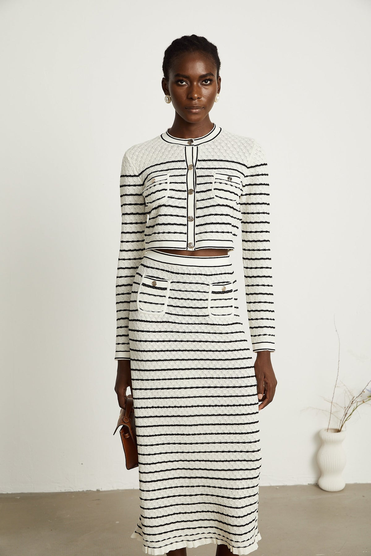 Colette pointelle-knit cardigan & skirt matching set