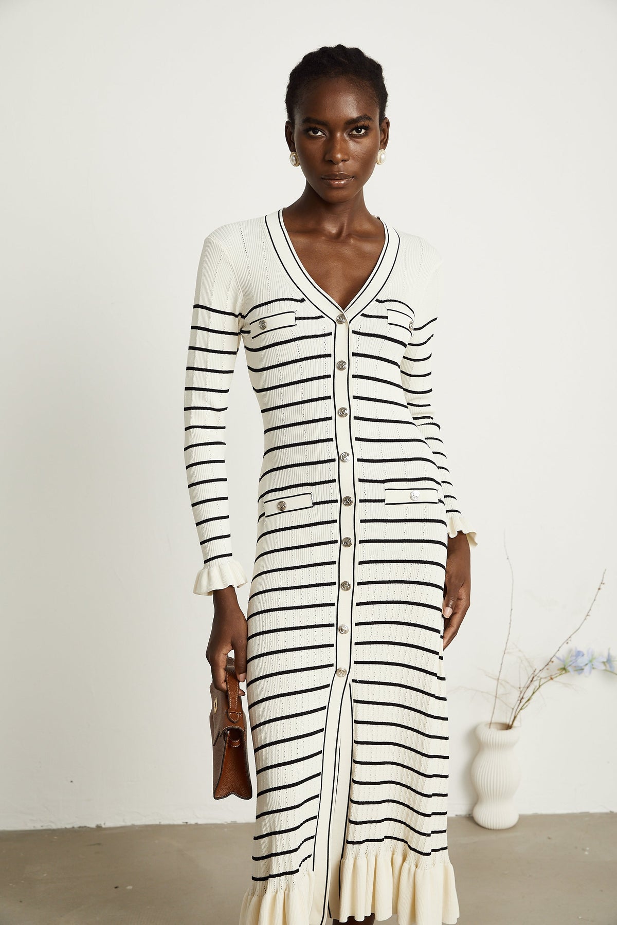 Liana white striped fluted-hem midi dress