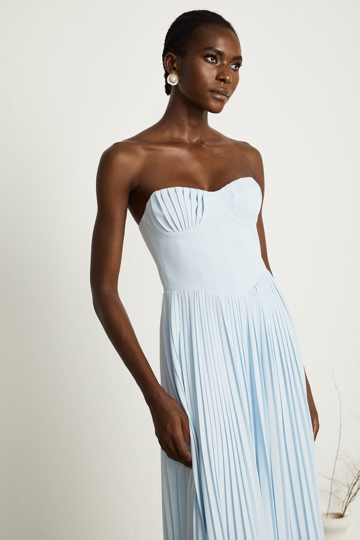 Carlotta blue pleated corset maxi dress