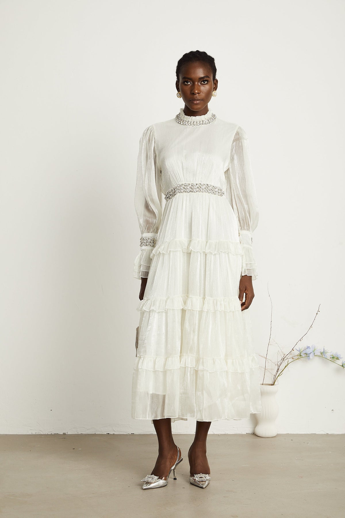 Raphaëlle crystal-embellished tiered midi dress