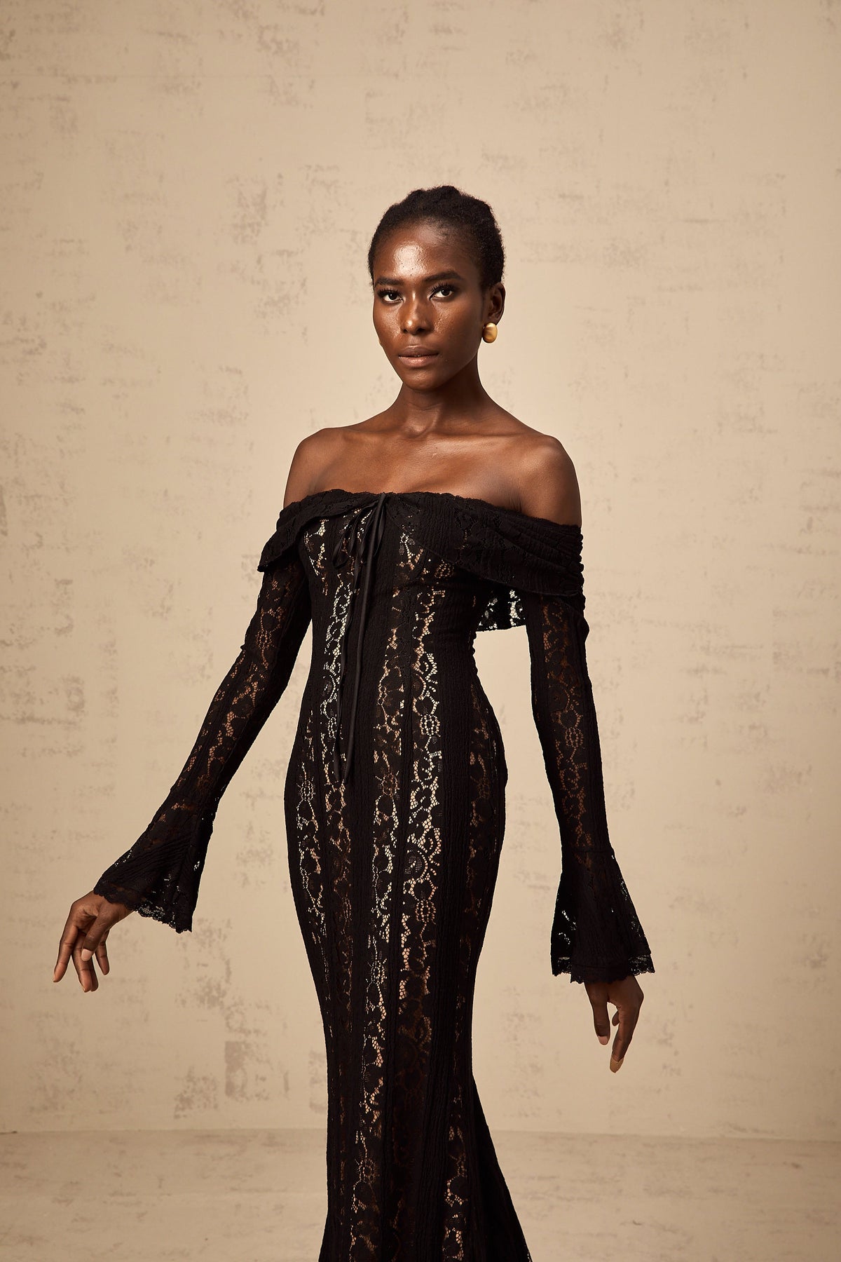 Émeline floral lace flared-cuff midi dress in Black (Final Sale-US Only)