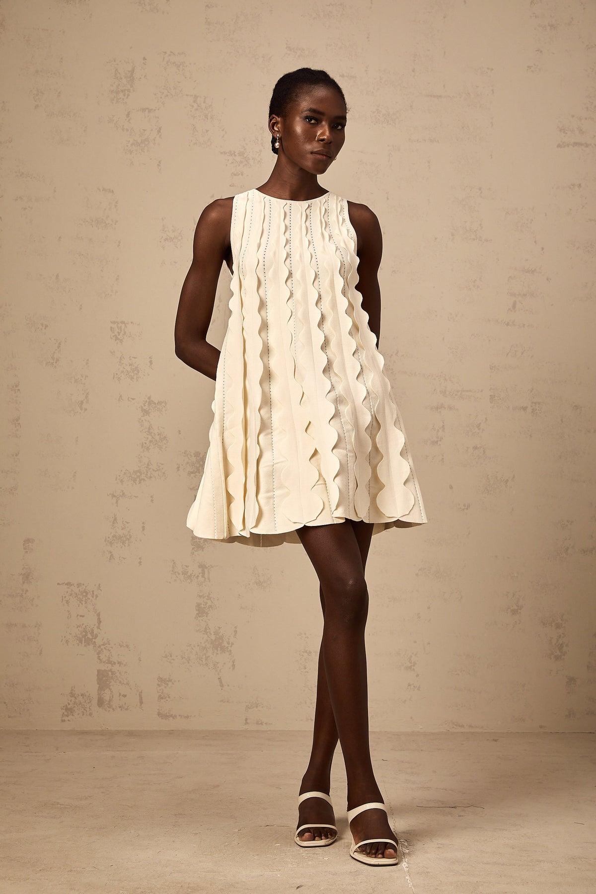 Axelle white wavy-detail sleeveless mini dress - White