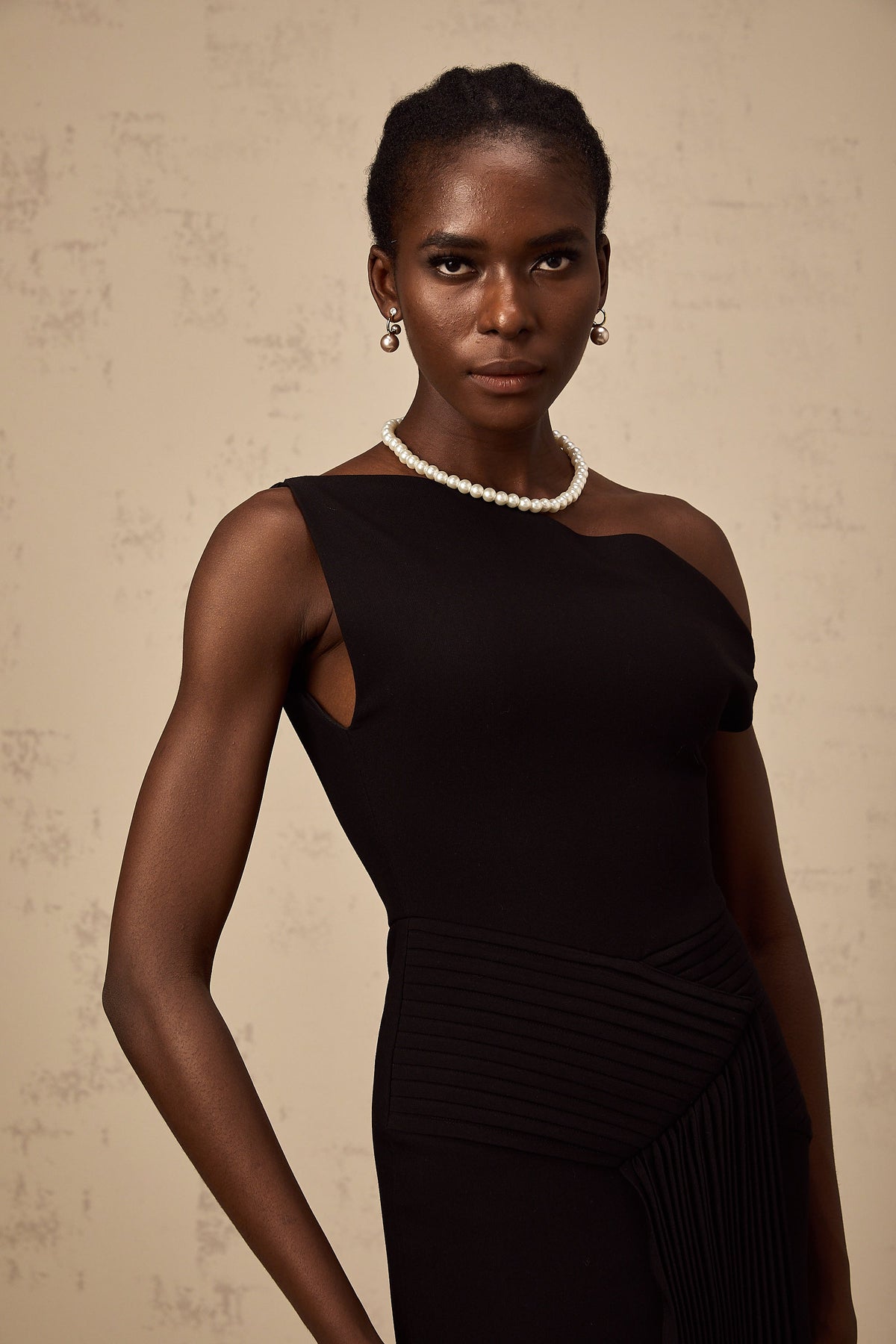 Laurine asymmetrical draped midi dress in Black (Final Sale)