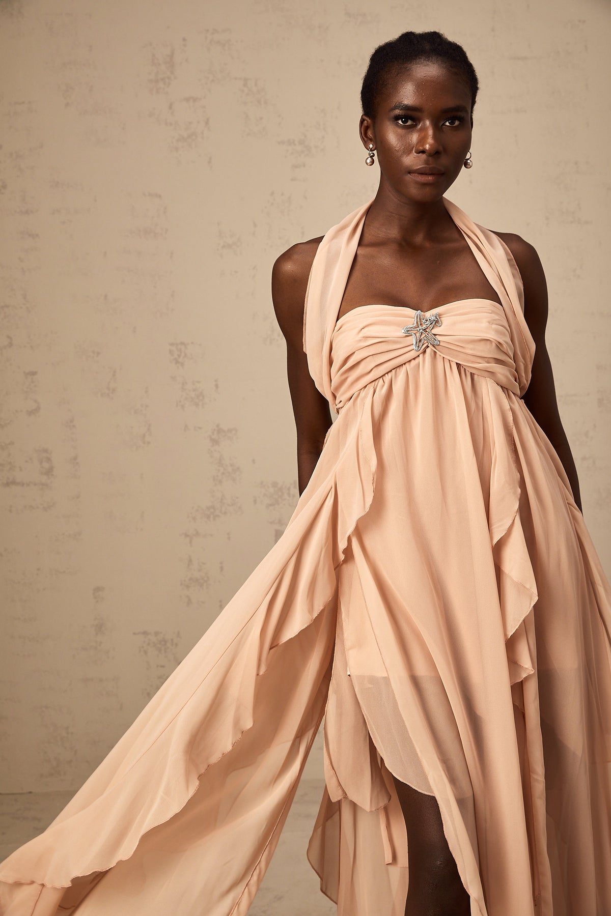 Mariah Pink Chiffon Ruffle Halterneck Maxi Dress (Final Sale-US Only)