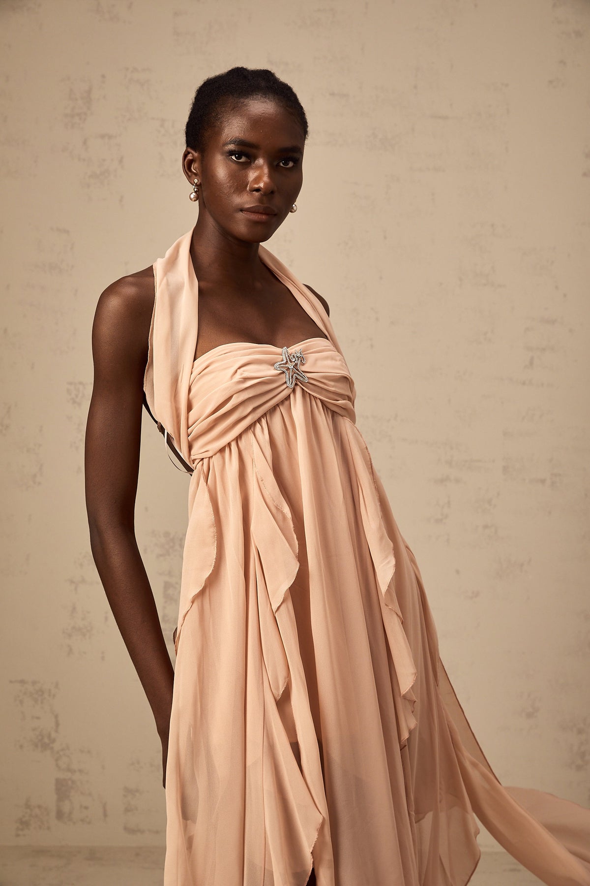 Mariah Pink Chiffon Ruffle Halterneck Maxi Dress (Final Sale-US Only)