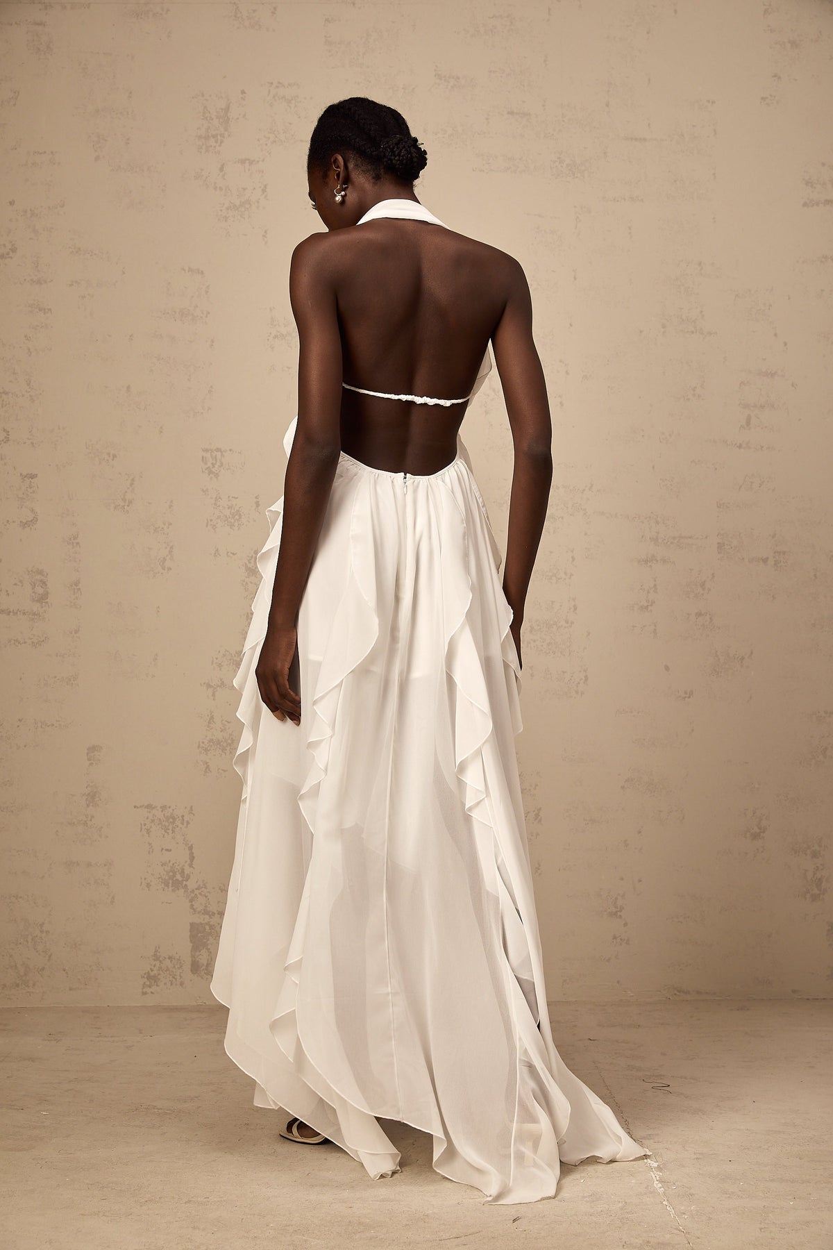 Mariah white chiffon ruffle halter neck maxi dress