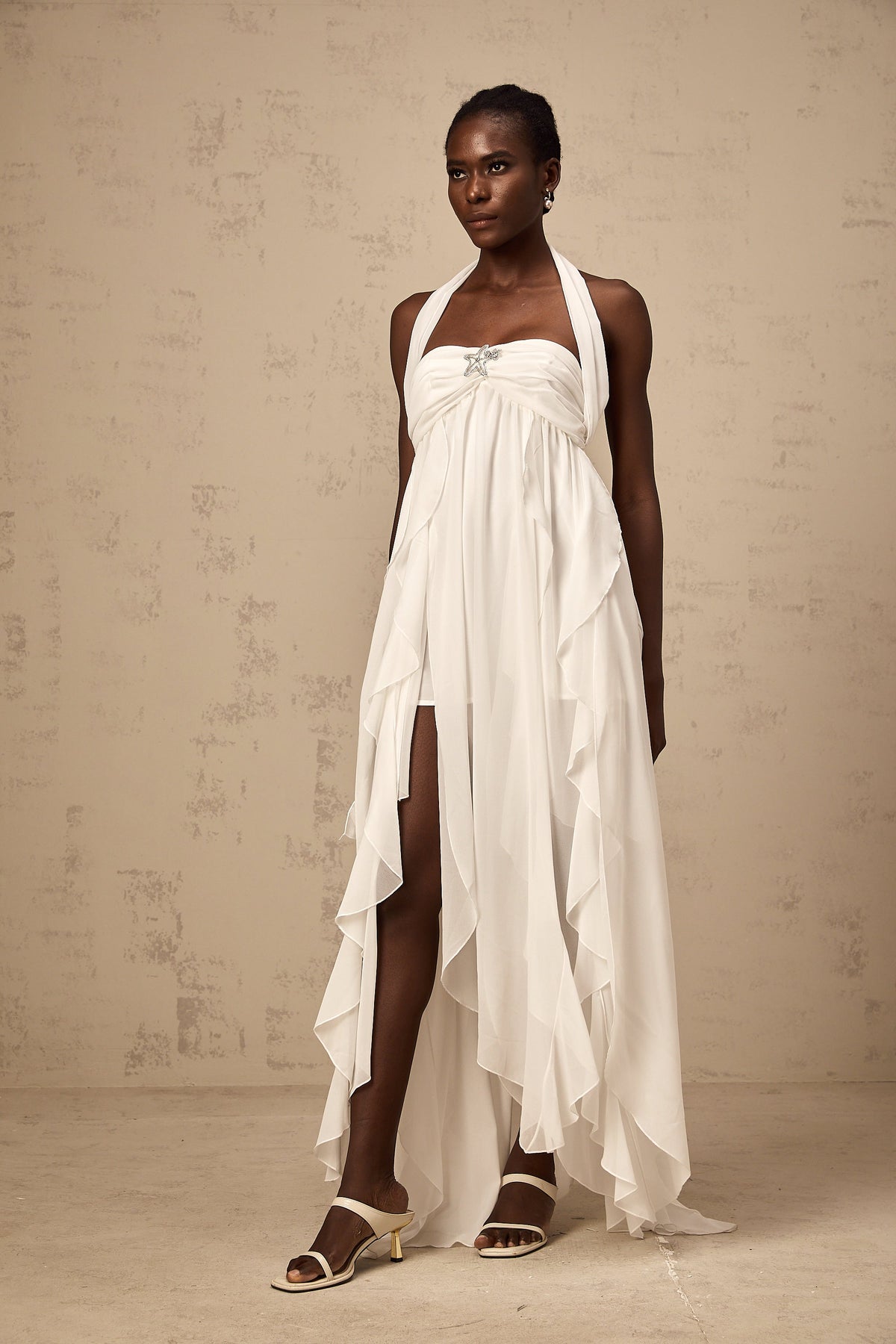 Mariah white chiffon ruffle halter neck maxi dress