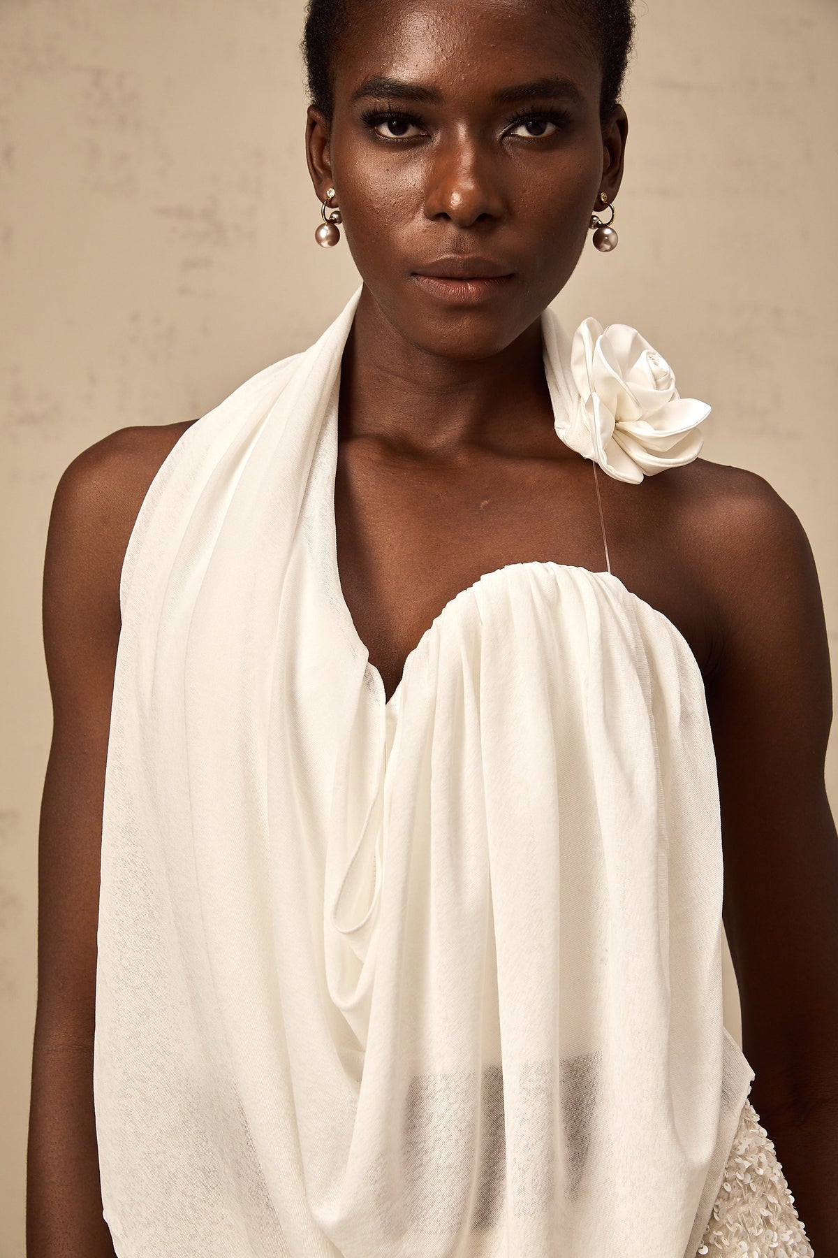 Maeva white halterneck floral-appliqué top