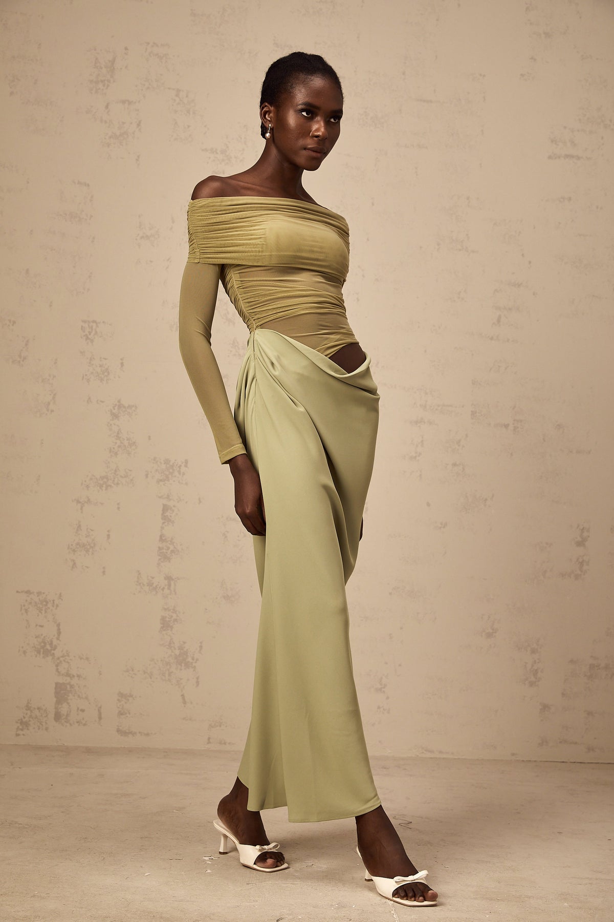 Estelle off-shoulder semi-sheer midi dress in Green