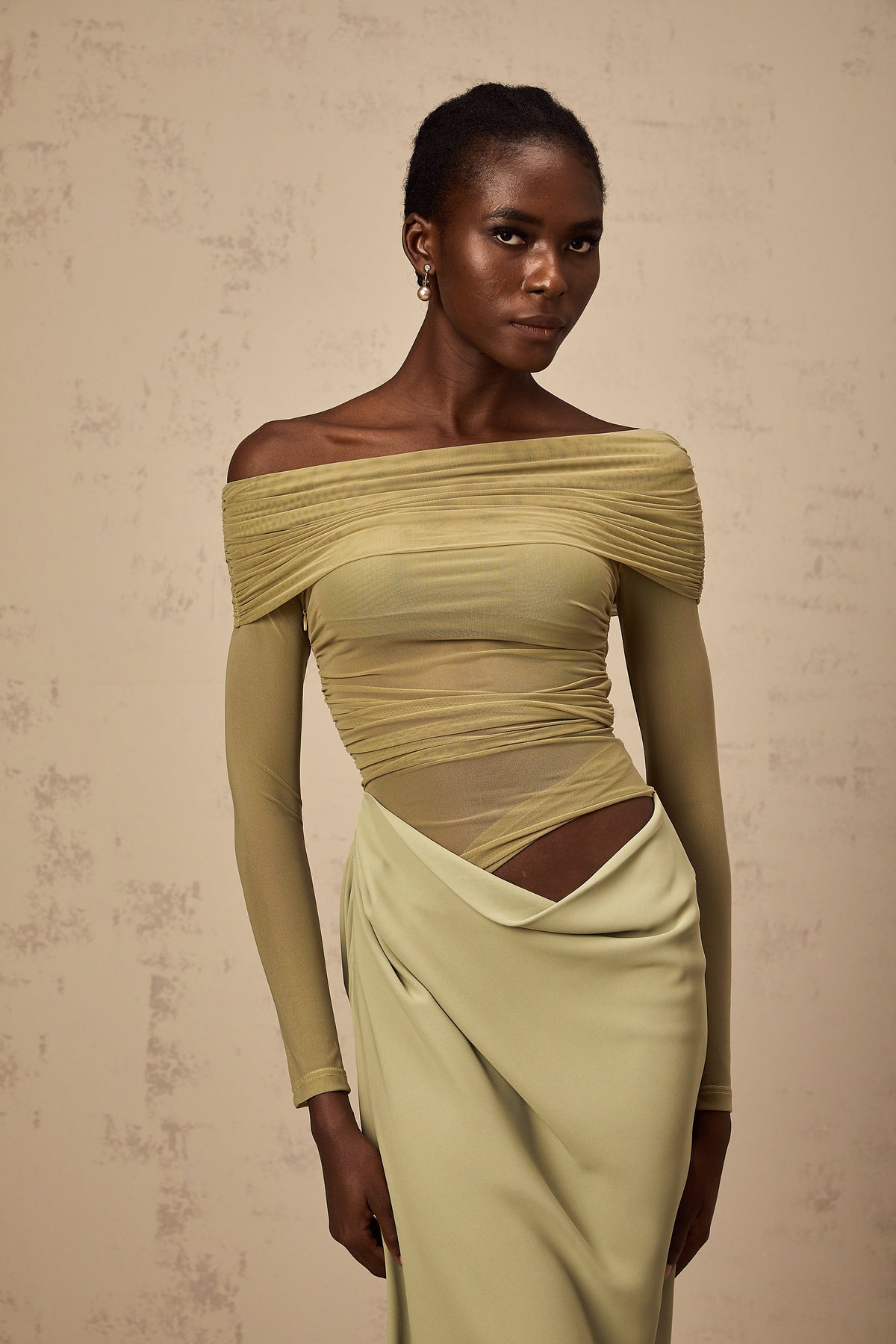 Estelle off-shoulder semi-sheer midi dress in Green