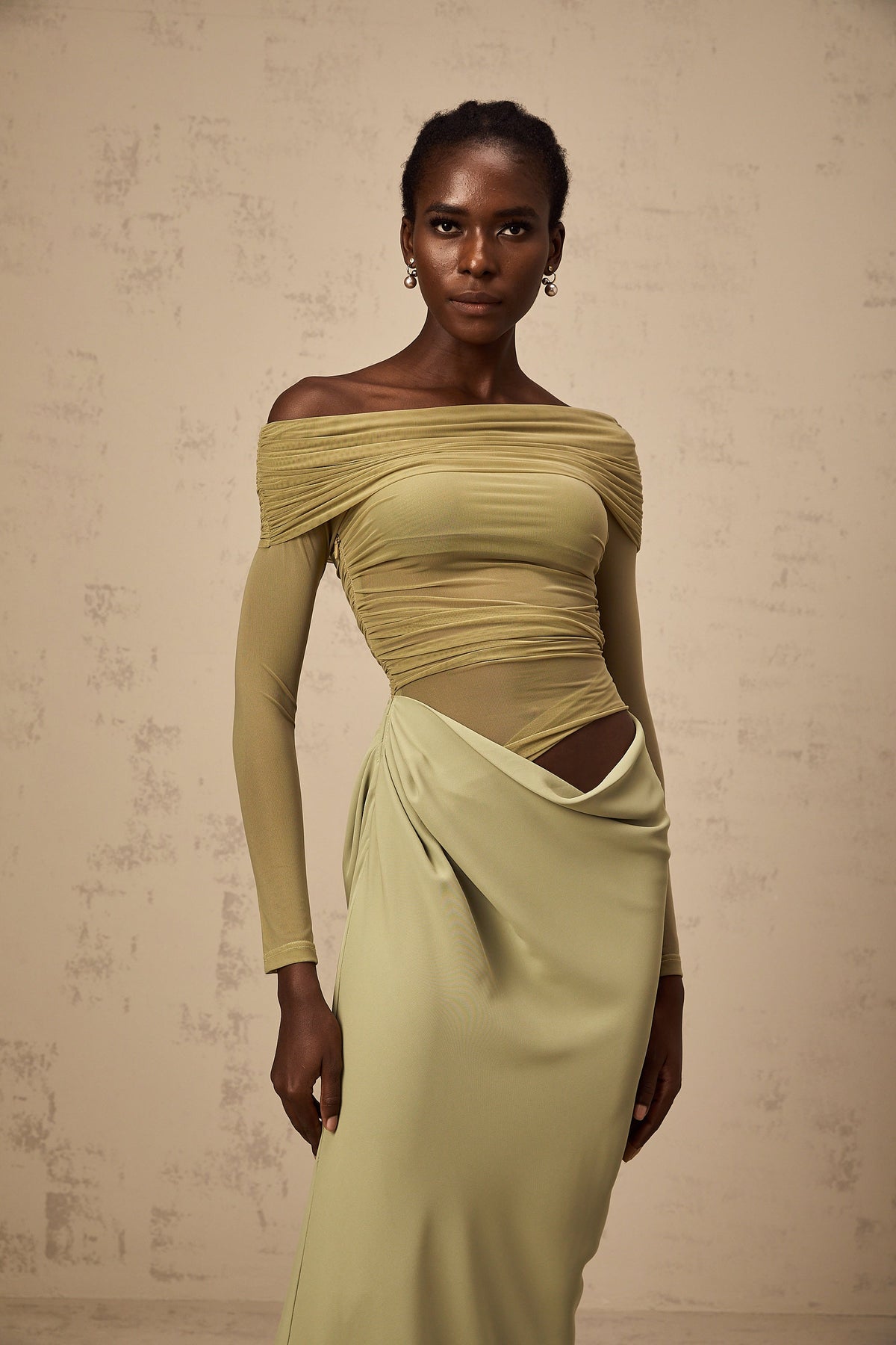 Estelle off-shoulder semi-sheer midi dress in Green