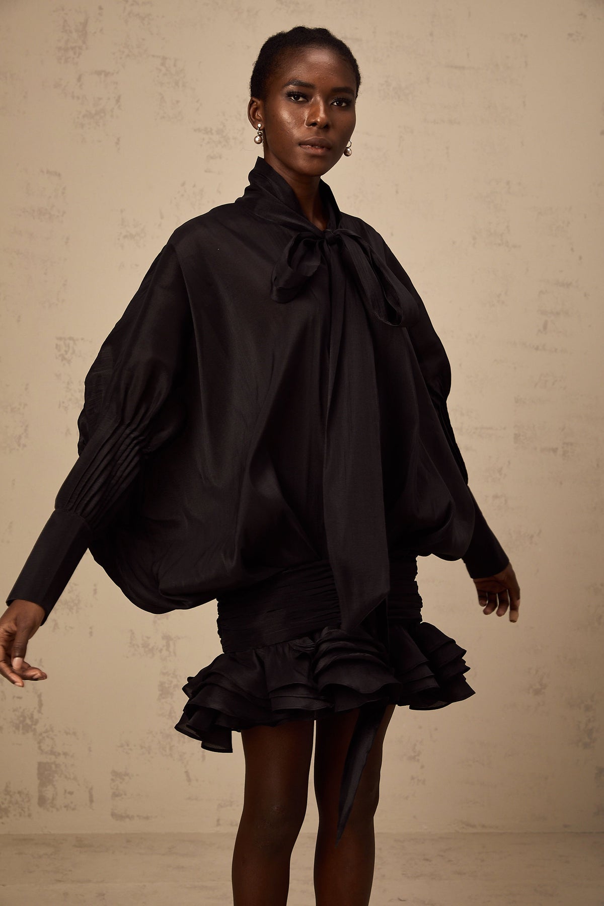Melanie black pussy-bow ruffled mini dress