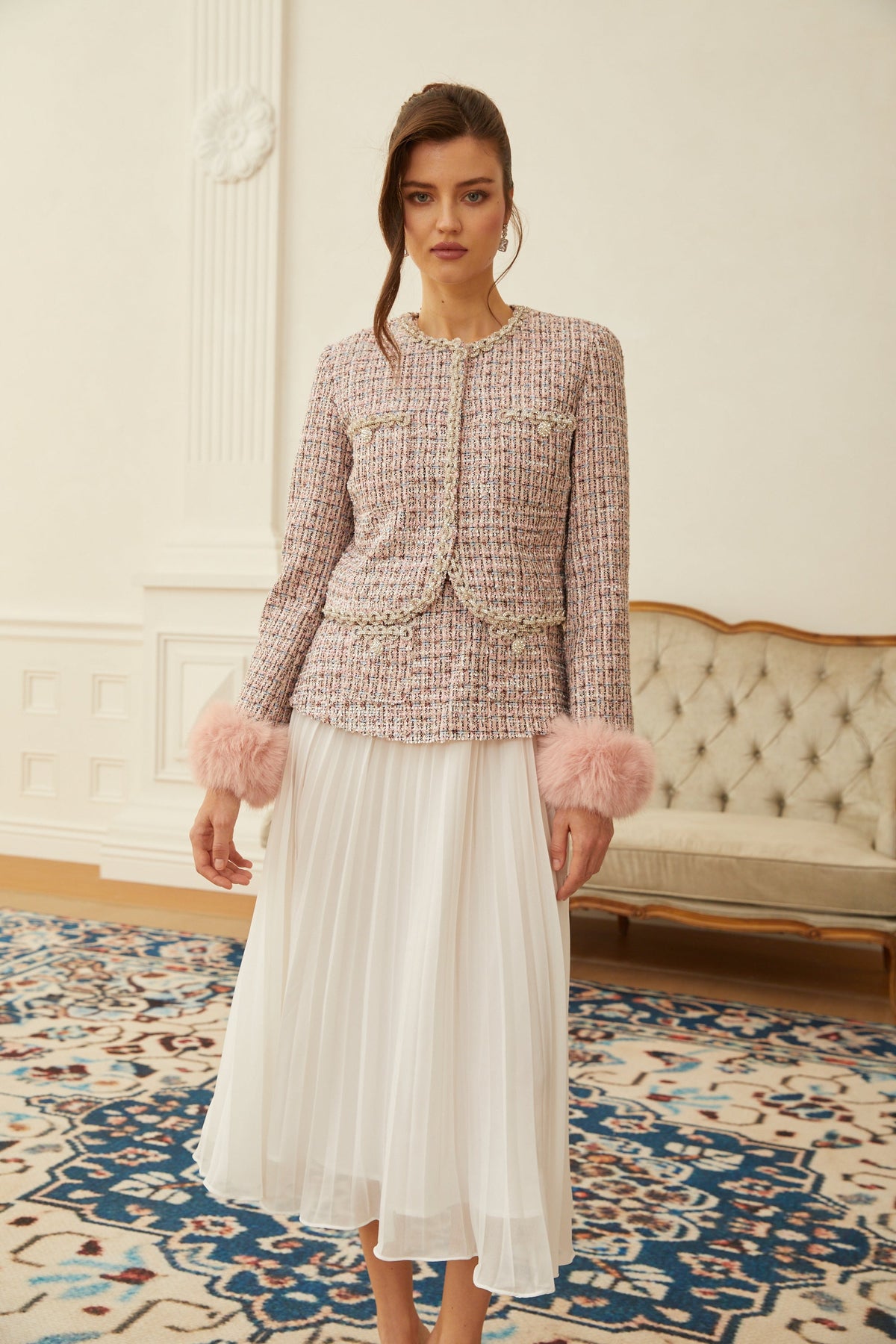 Lola Pink Embellished Checked Tweed Jacket