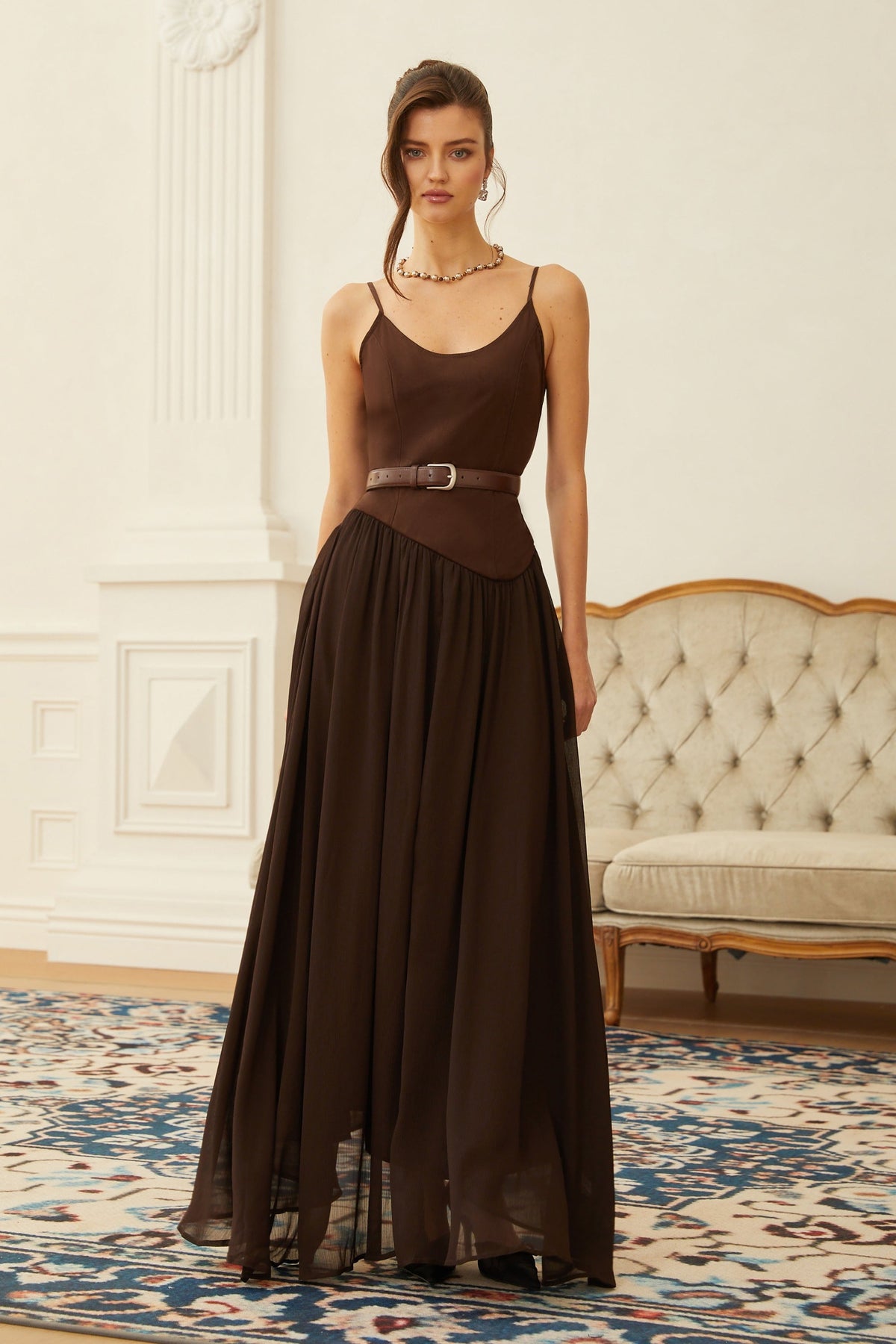 Hedda Brown Chiffon Panel Suede Maxi Dress