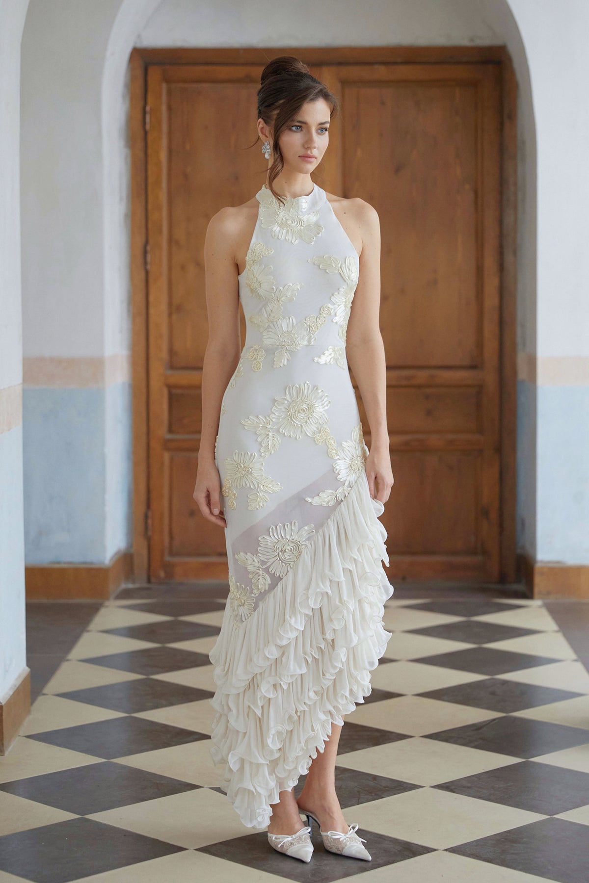 Théoline Neutral Asymmetrical Ruffled Floral Midi Dress
