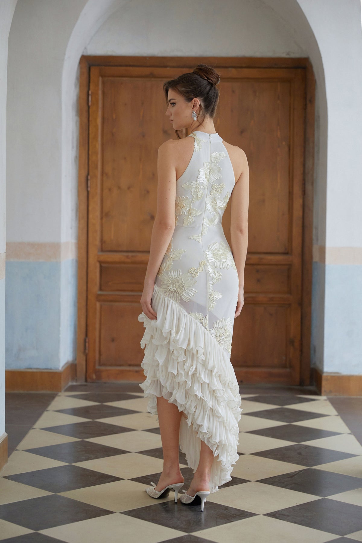 Théoline Neutral Asymmetrical Ruffled Floral Midi Dress (Final Sale-US Only)