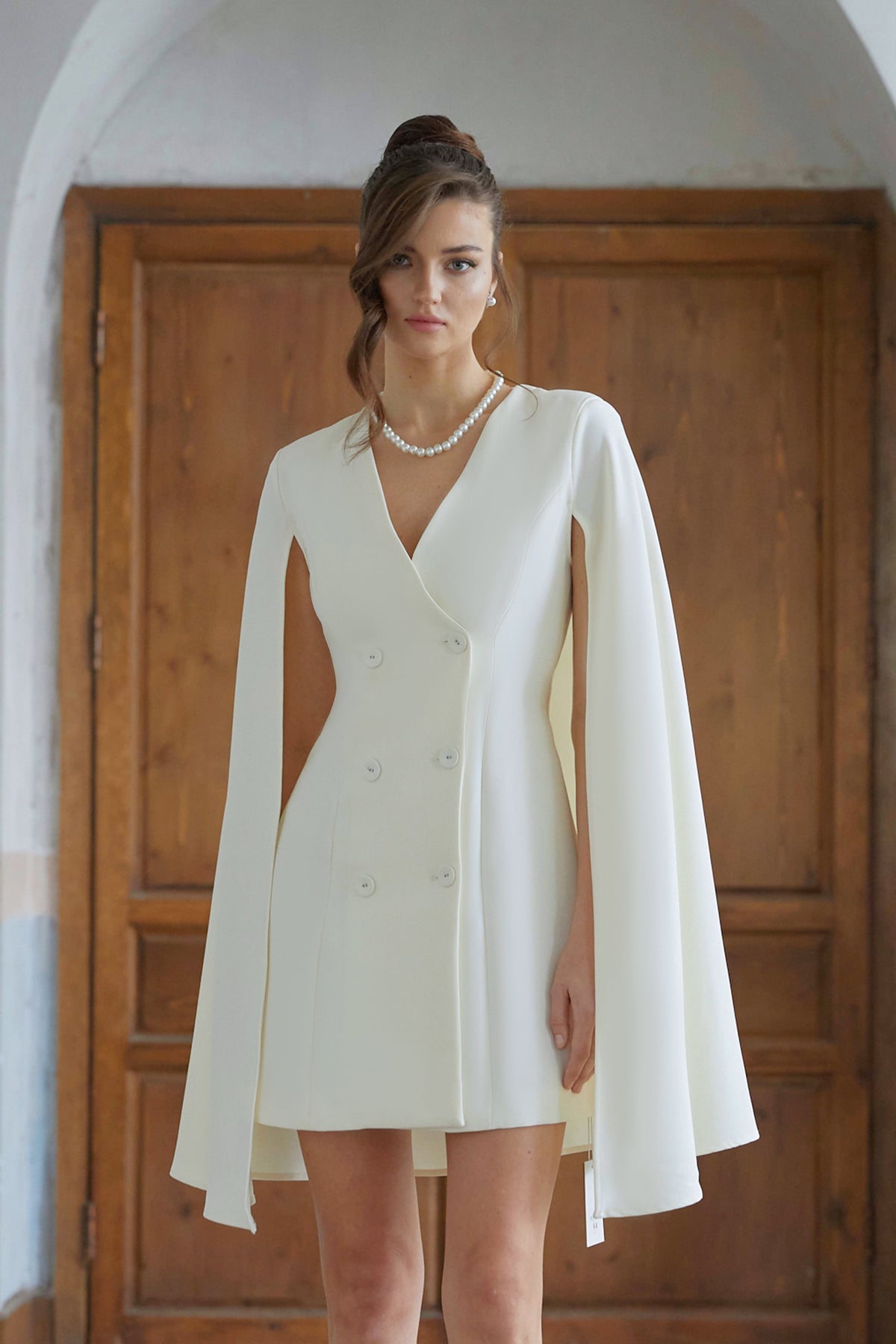 Karin Neutral Cape Design Mini Blazer Dress