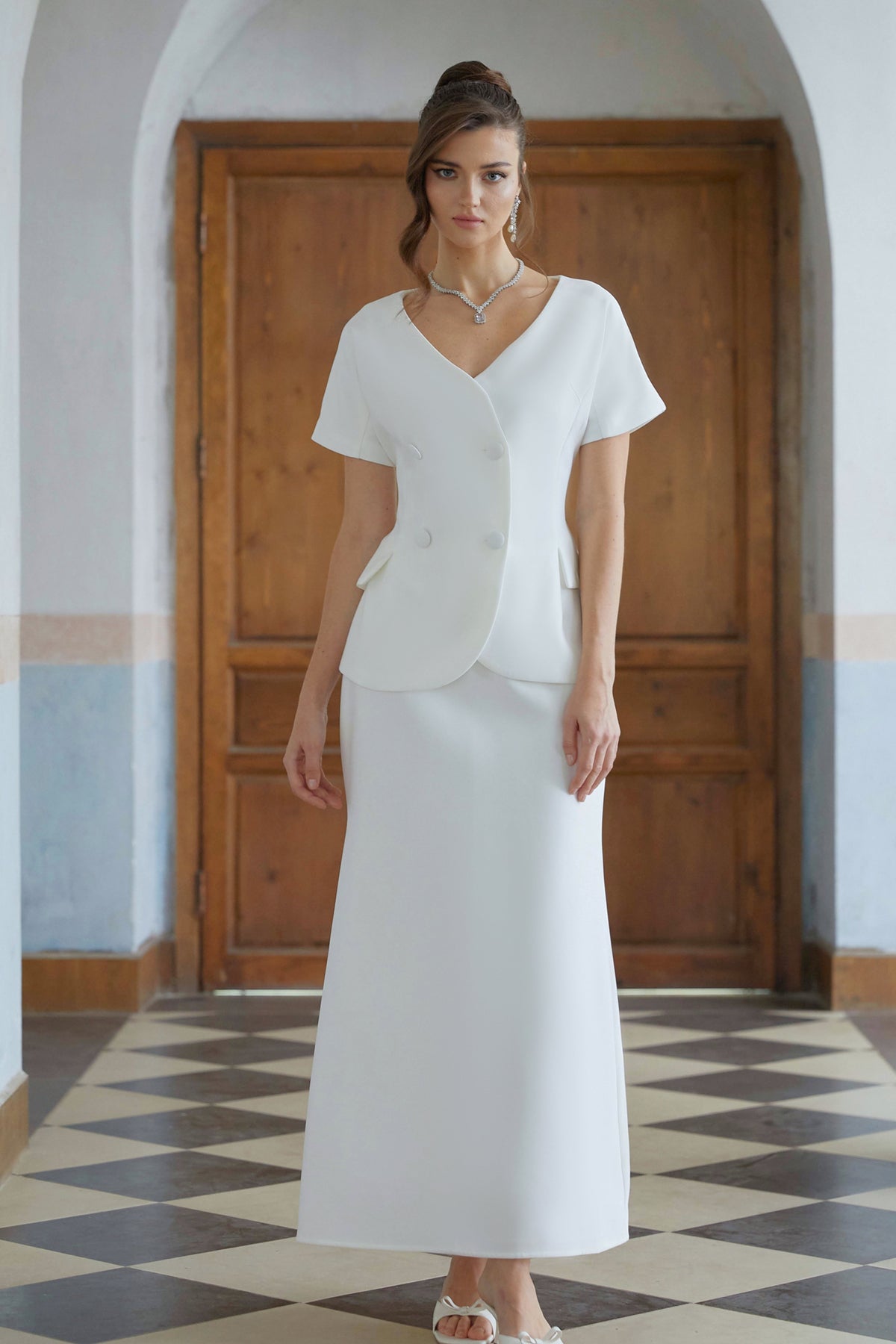 Halsey White Double-Breasted Top & Flared Skirt Set