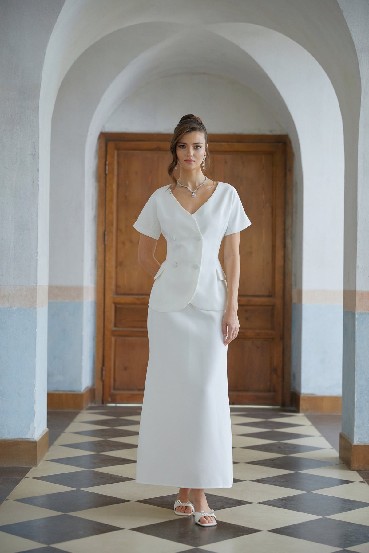 Halsey White Double-Breasted Top & Flared Skirt Set