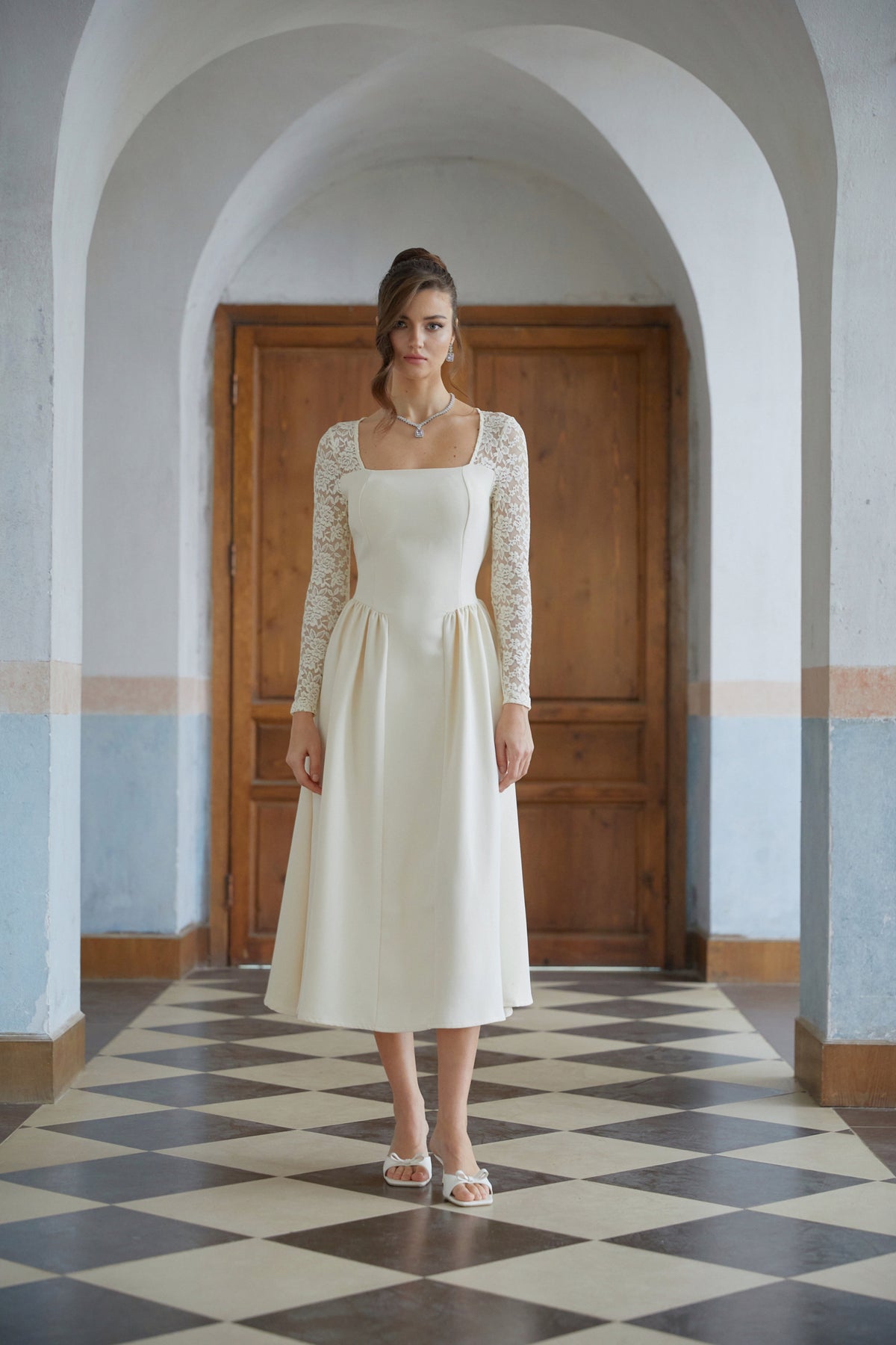 Dilla Neutral Lace Shirred Panel Midi Dress