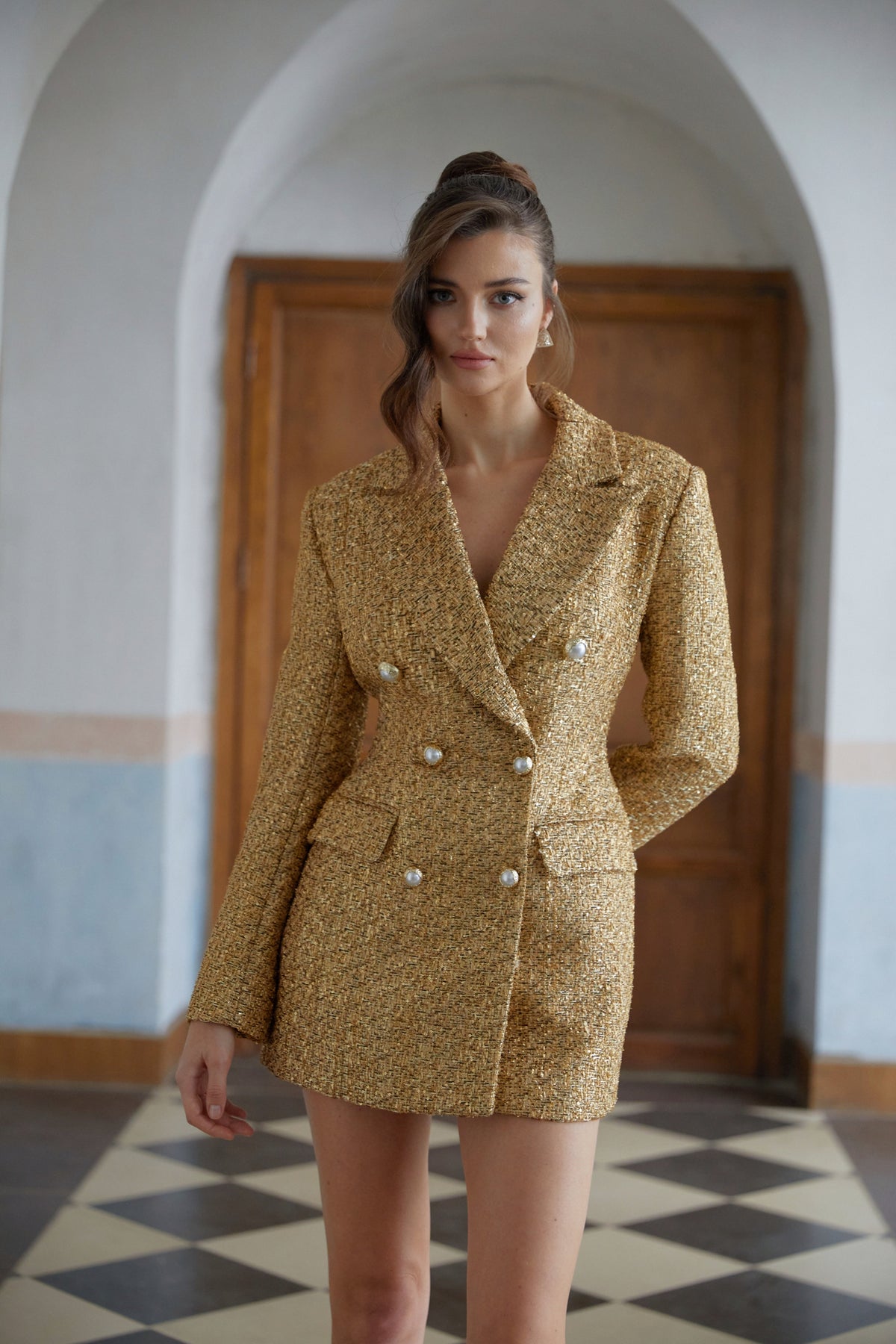 Ásdís Gold Tweed Mini Blazer Dress (Final Sale-US Only)