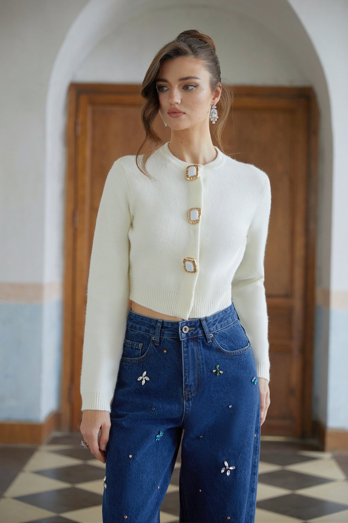 Liliana White Cropped Knit Cardigan