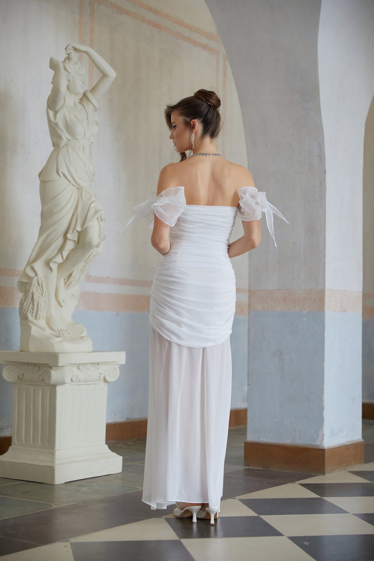 Brândușa White Bowknot Ruched Chiffon Midi Dress