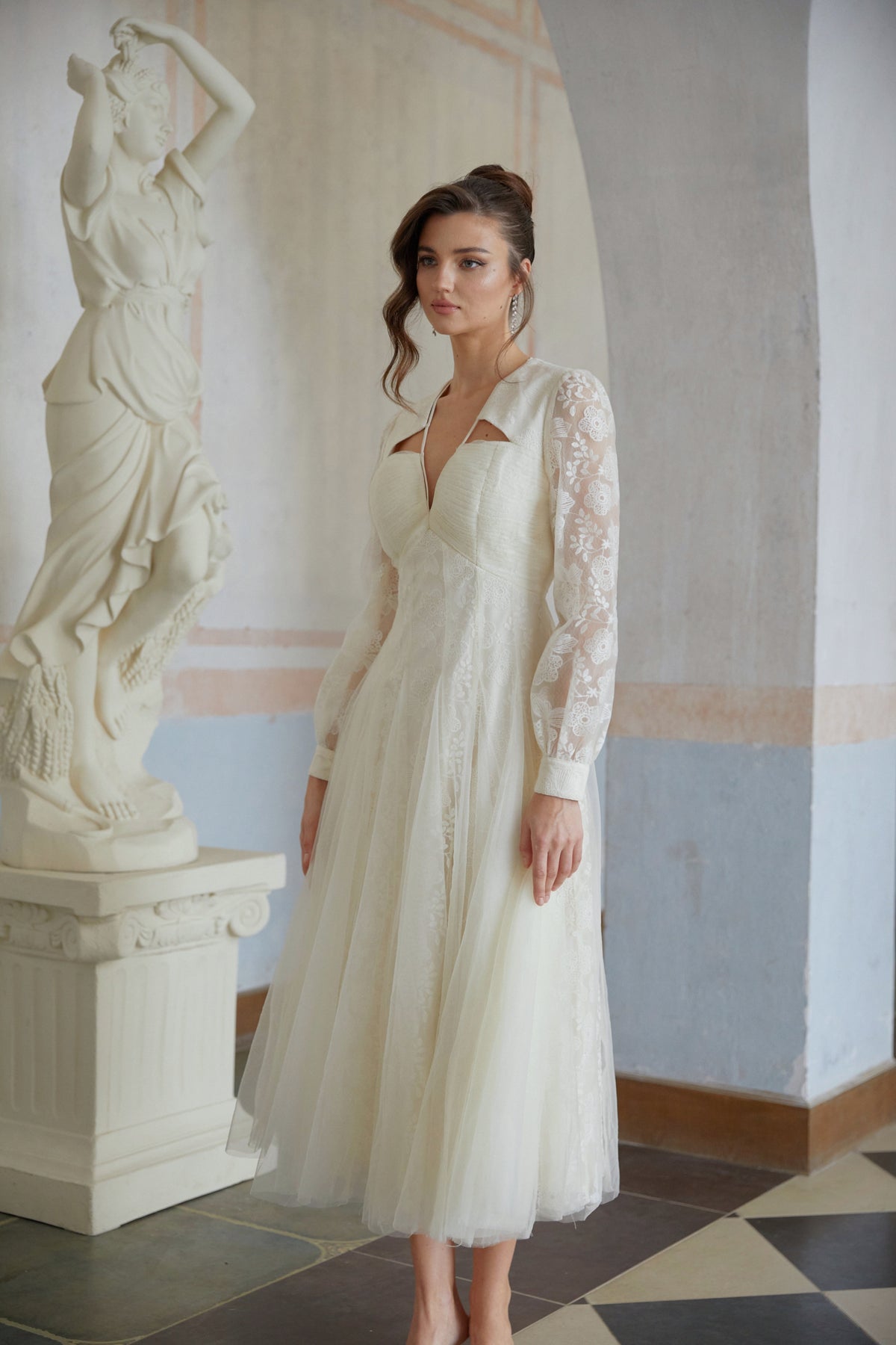 Eirlys White Floral Lace Tulle Midi Dress (Final Sale)