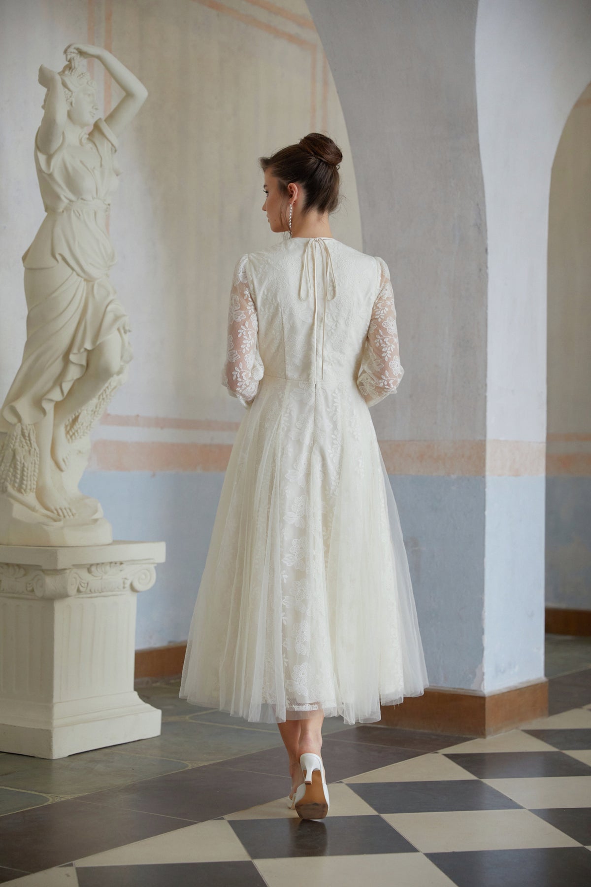 Eirlys White Floral Lace Tulle Midi Dress (Final Sale)