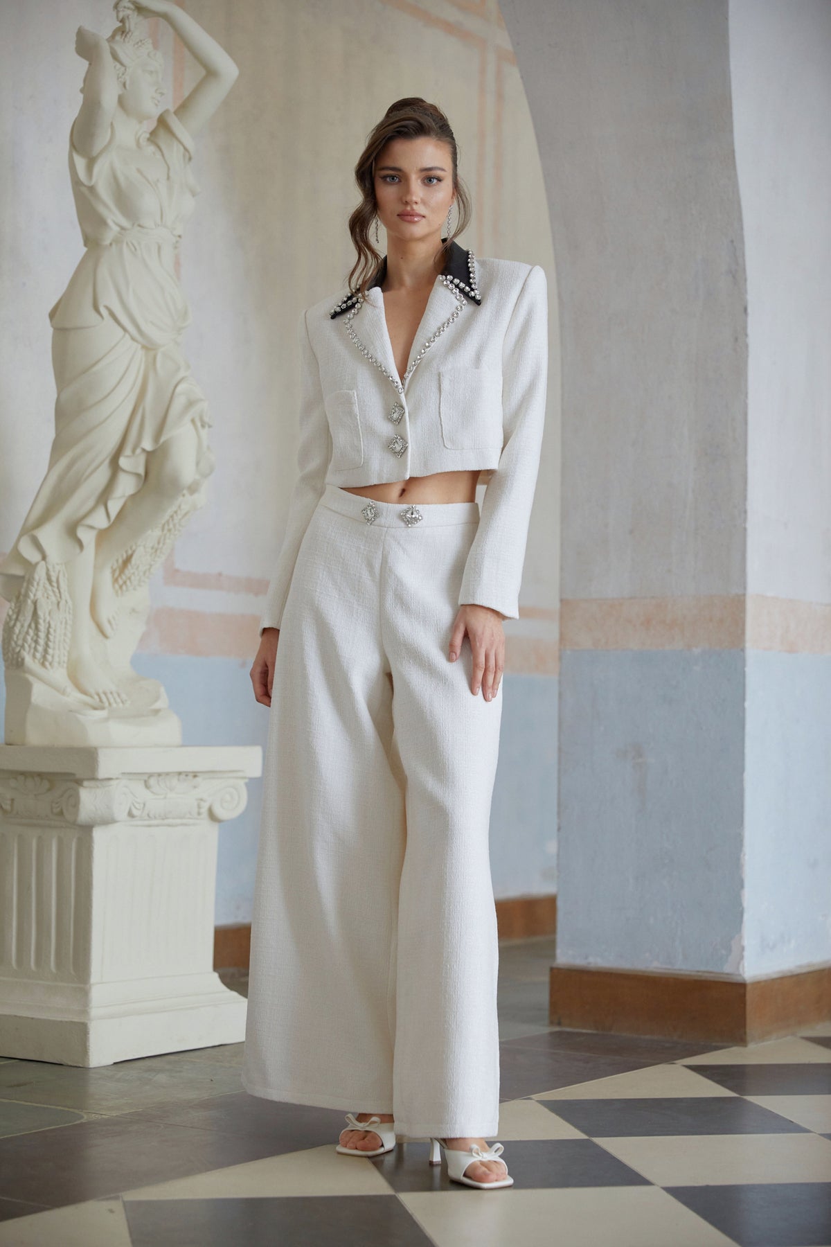 Tindra White Embellished Tweed Jacket & Trousers Set