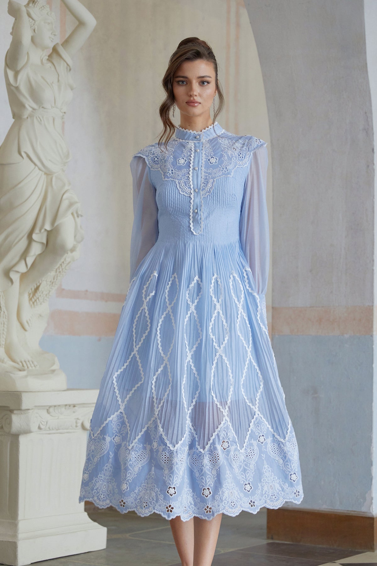 Francesca Blue Lace Trim Pleated Midi Dress (Final Sale-US Only)