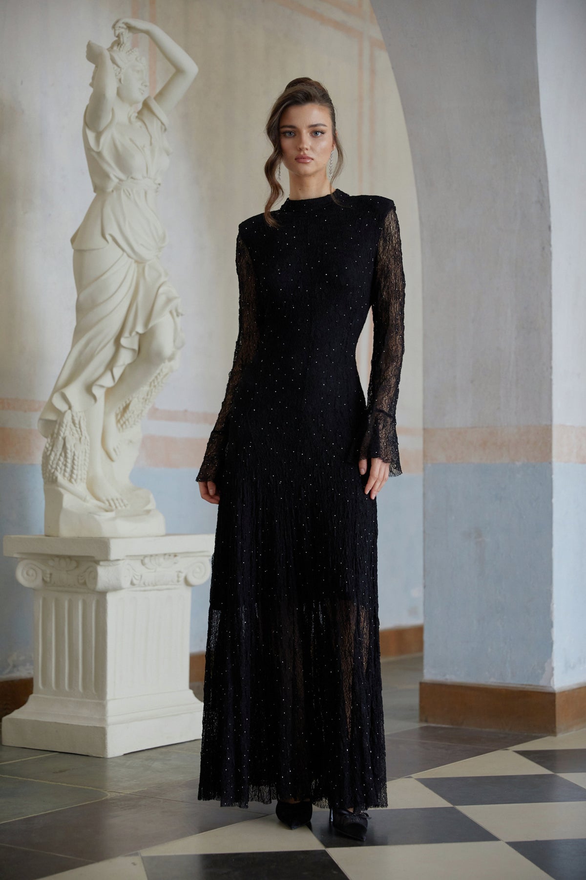 Justyna Black Rhinestone Guipure Lace Maxi Dress