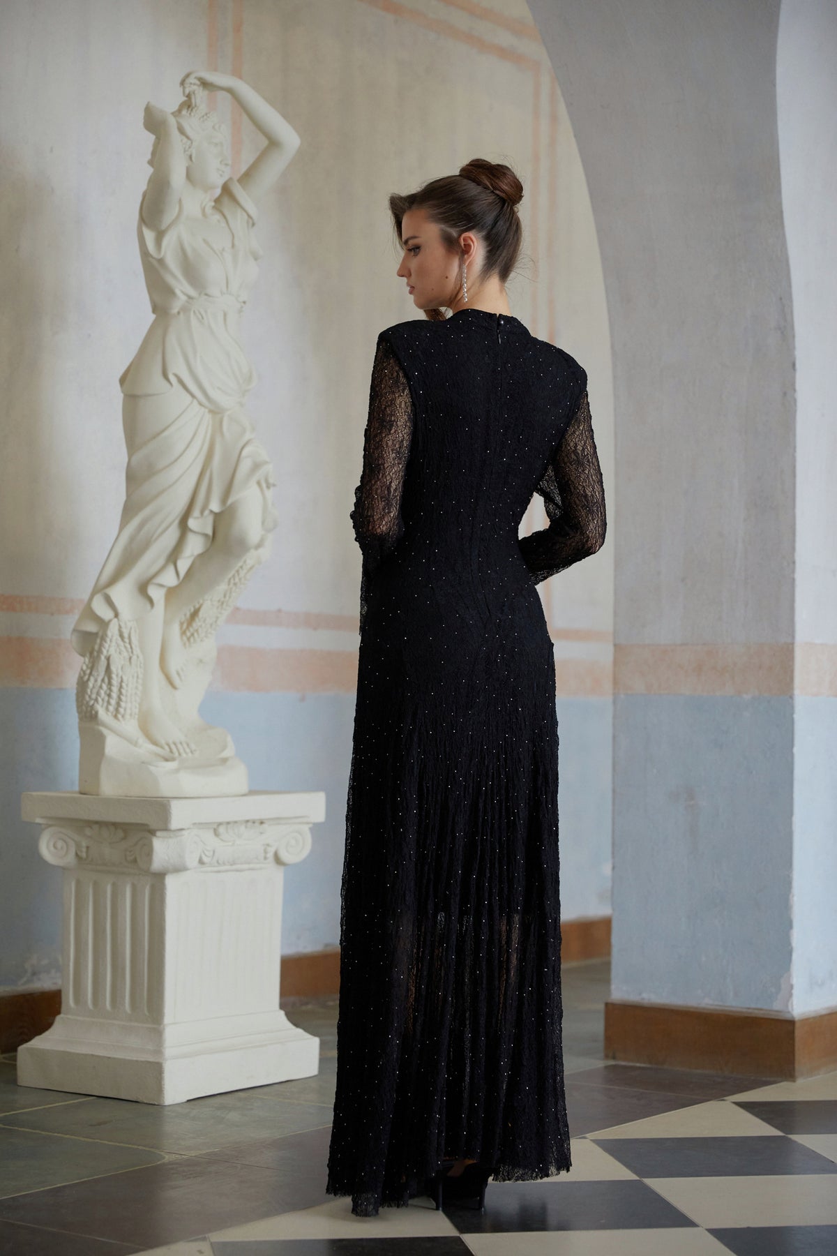 Justyna Black Rhinestone Guipure Lace Maxi Dress