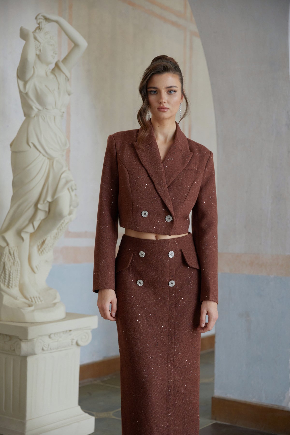 Emilía Brown Sequined Double-Breasted Jacket & Skirt Set (Final Sale)