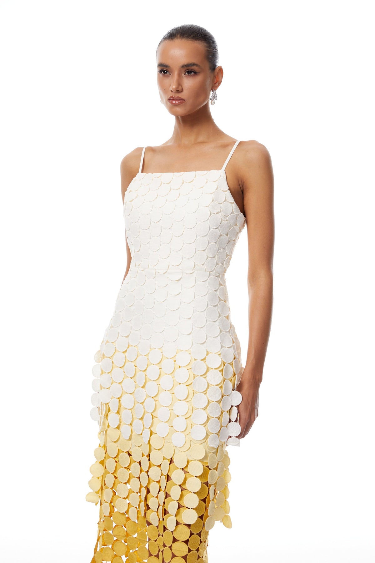 Vezzetti Yellow Embroidered-Disc Fringed Maxi Dress