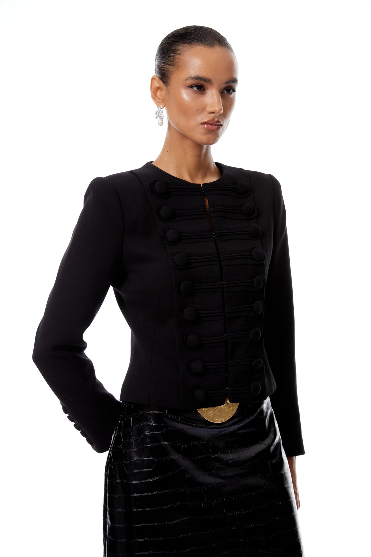 Loredana Black Double-Breasted Frog Button Jacket