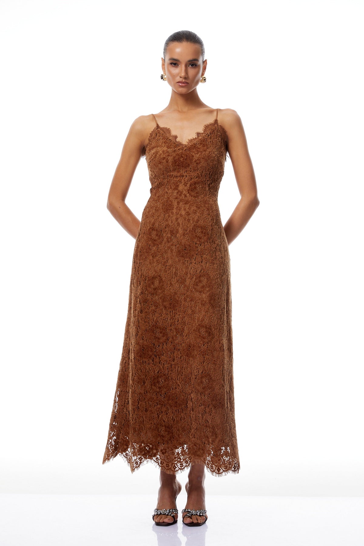 Estrid Brown Flocked Floral Lace Maxi Dress