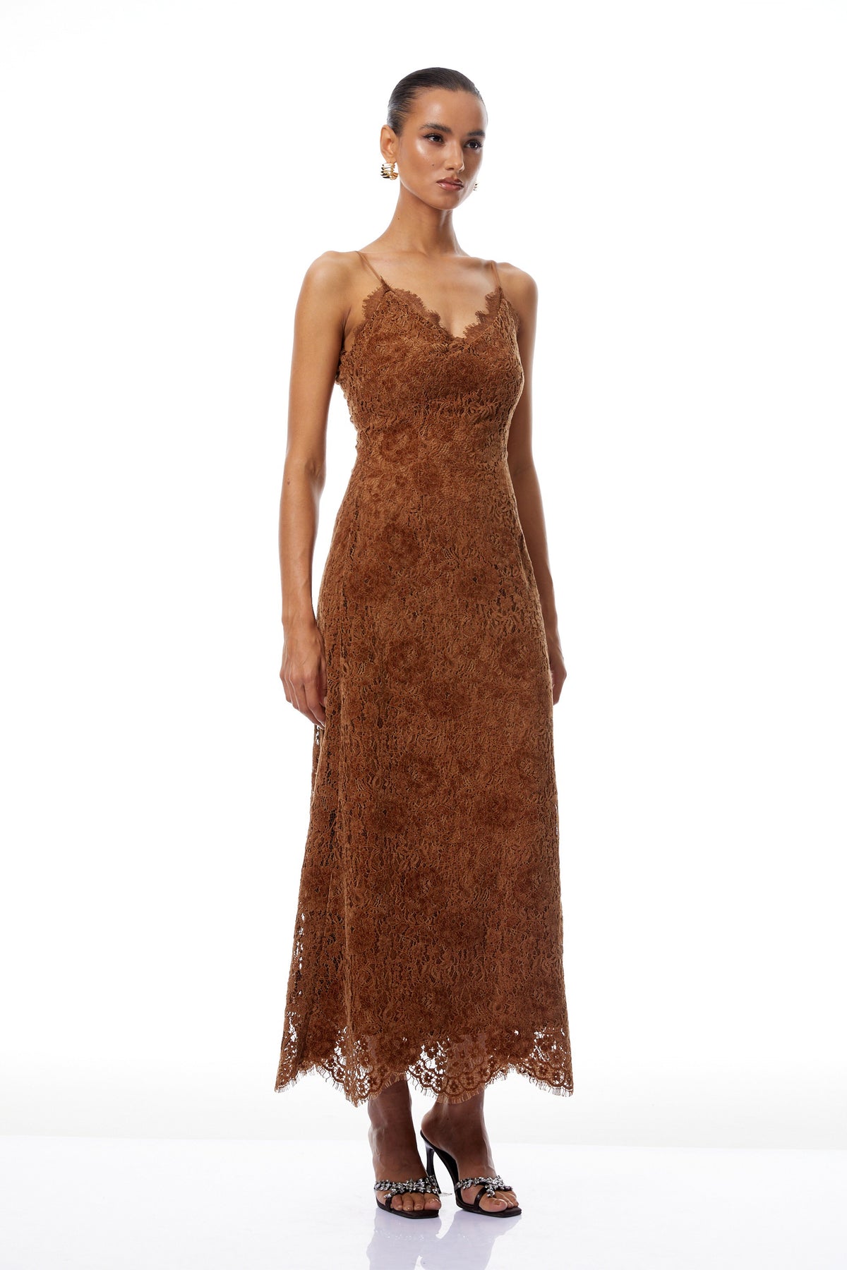 Estrid Brown Flocked Floral Lace Maxi Dress