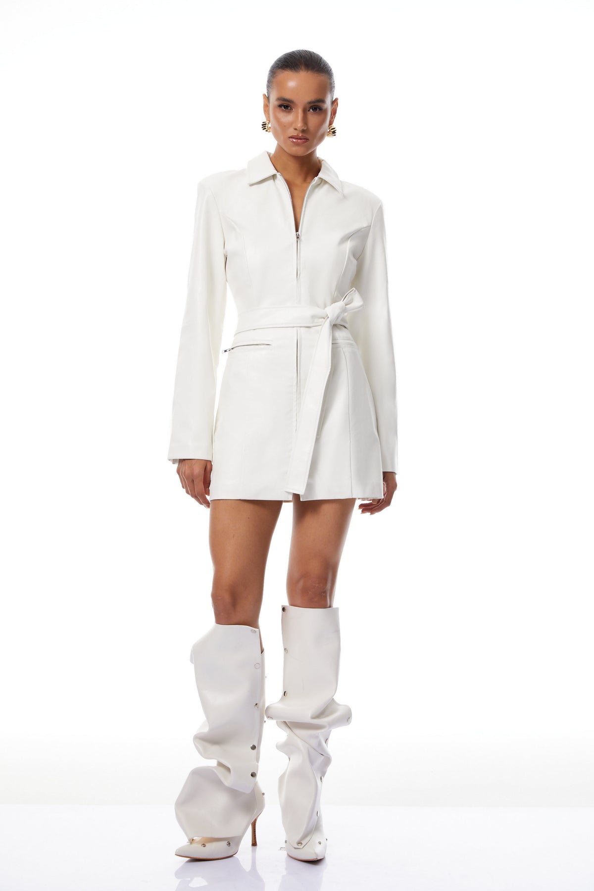 Elisabetta White Tied Waist Leather Mini Dress