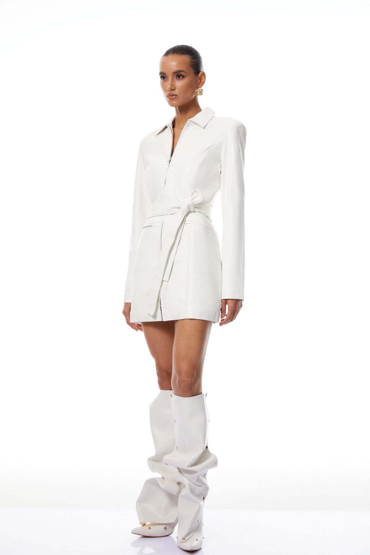 Elisabetta White Tied Waist Leather Mini Dress