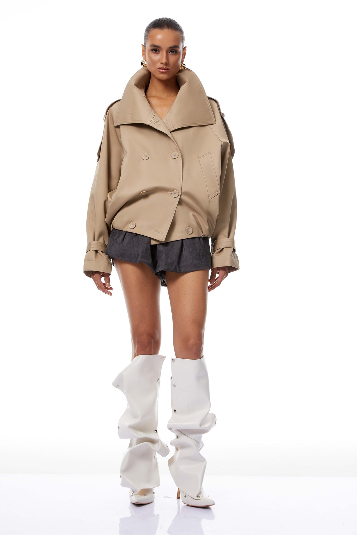 Eugenia Khaki Double-Breasted Short Trench Coat