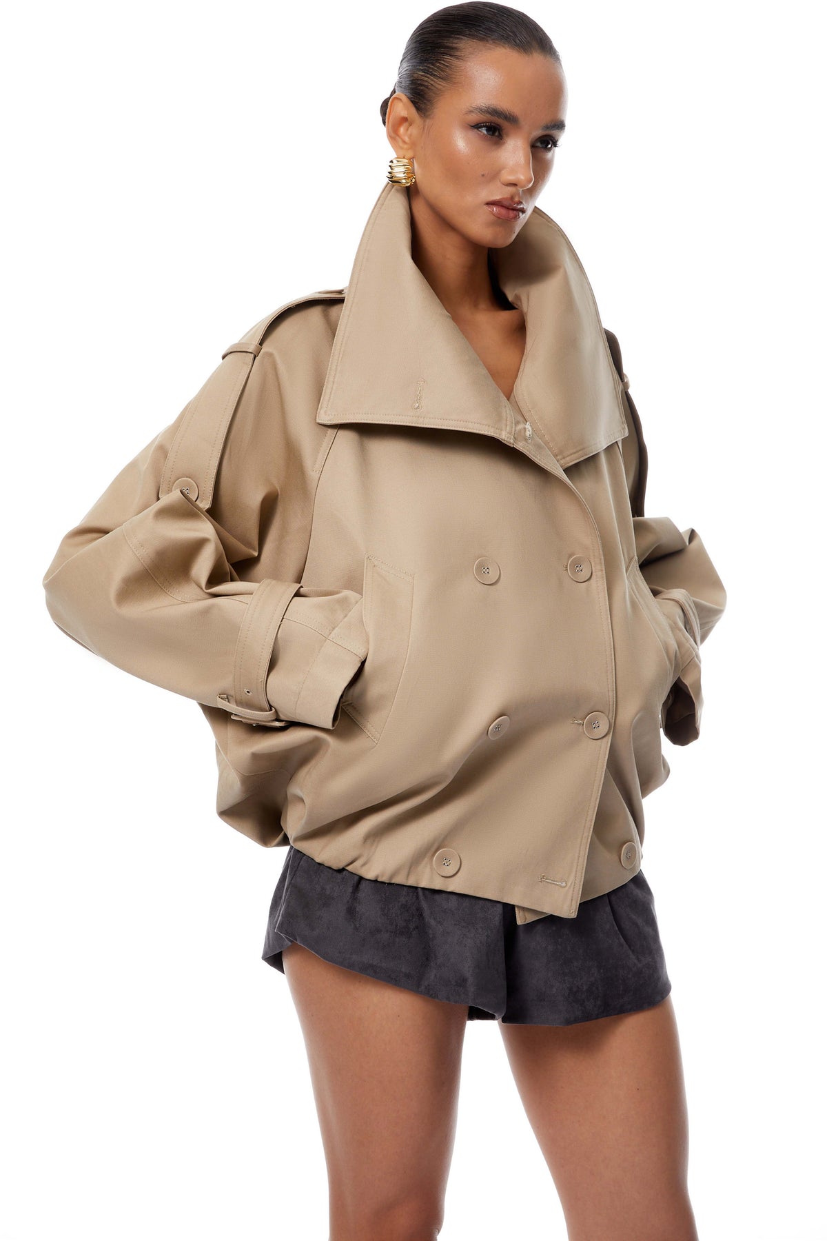 Eugenia Khaki Double-Breasted Short Trench Coat