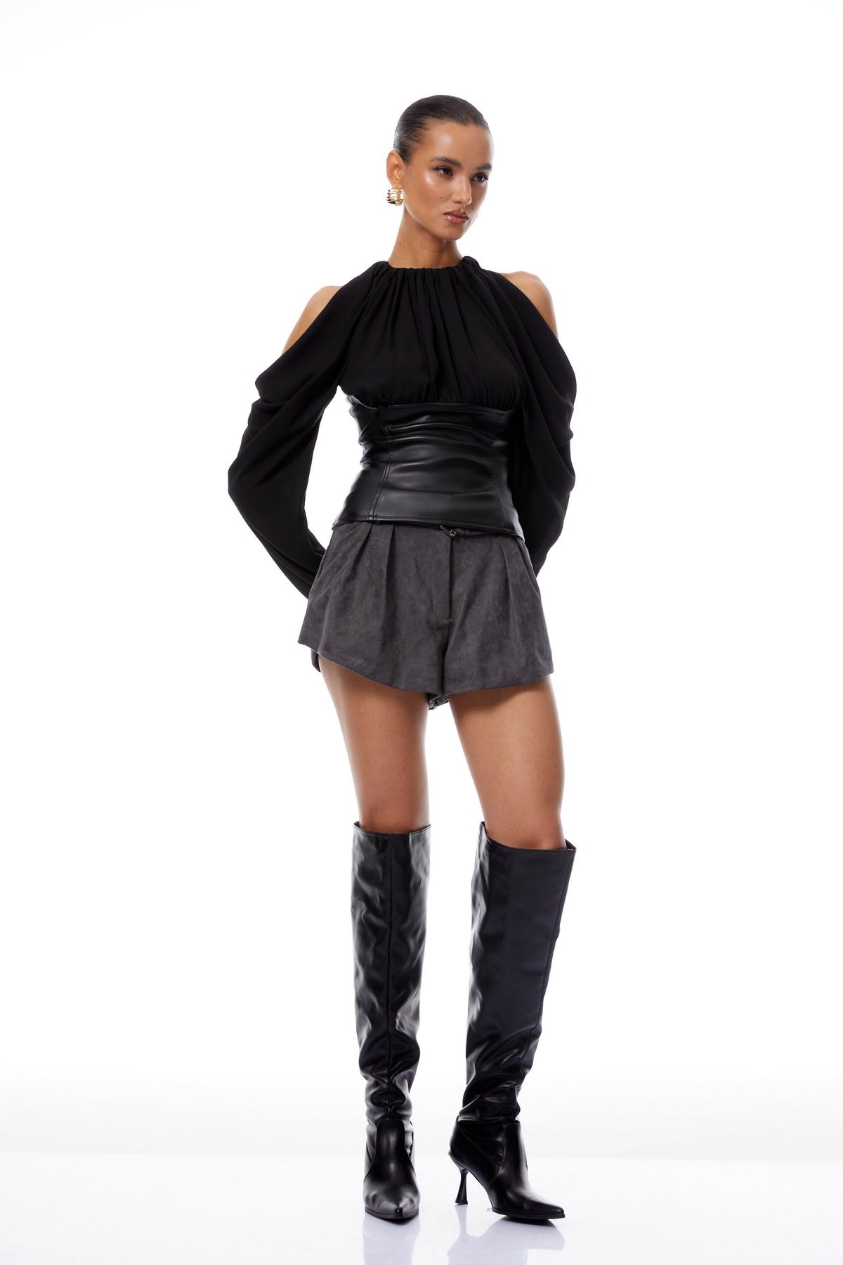 Ursa Black Cold Shoulder Leather Panel Blouse